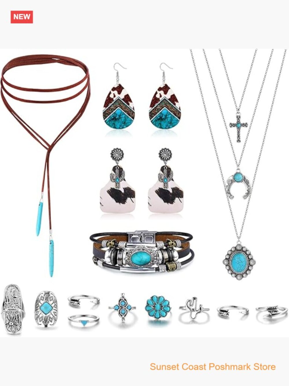Western Jewelry Set Turquoise Pendant Choker Faux Leather Cuff Bracelet Dangle